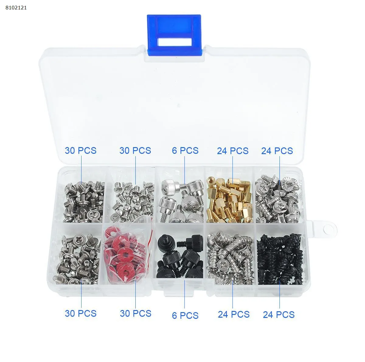 Picture of 228pcs Computer Case Screws Kit For Motherboard PC Case Fan.Main board insulation gasket (red M3 x 8) : 30 pcs①Main board fixed screws (M3 x 5) : 30 pcs②Chassis hand twist screws (silver M3.5 x 5) : 6 pcs③Hard drive screw (M3.5 x 5) : 30 pcs④Chassis hand twist screw (black M3.5 x 5) : 6 pcs⑤Main board conventional copper column (M3 x 6 + 6) : 24 pcs⑥Conventional chassis fan retaining screw (white zinc M5 x 10) : 24 pcs⑦Cd-rom set screws (M3 x 4) : 30 pcs⑧Chassis high-strength screw (M3.5 x 6) : 24 pcs⑨Conventional chassis fans retaining screw (black M5 x 10) : 24 pcs