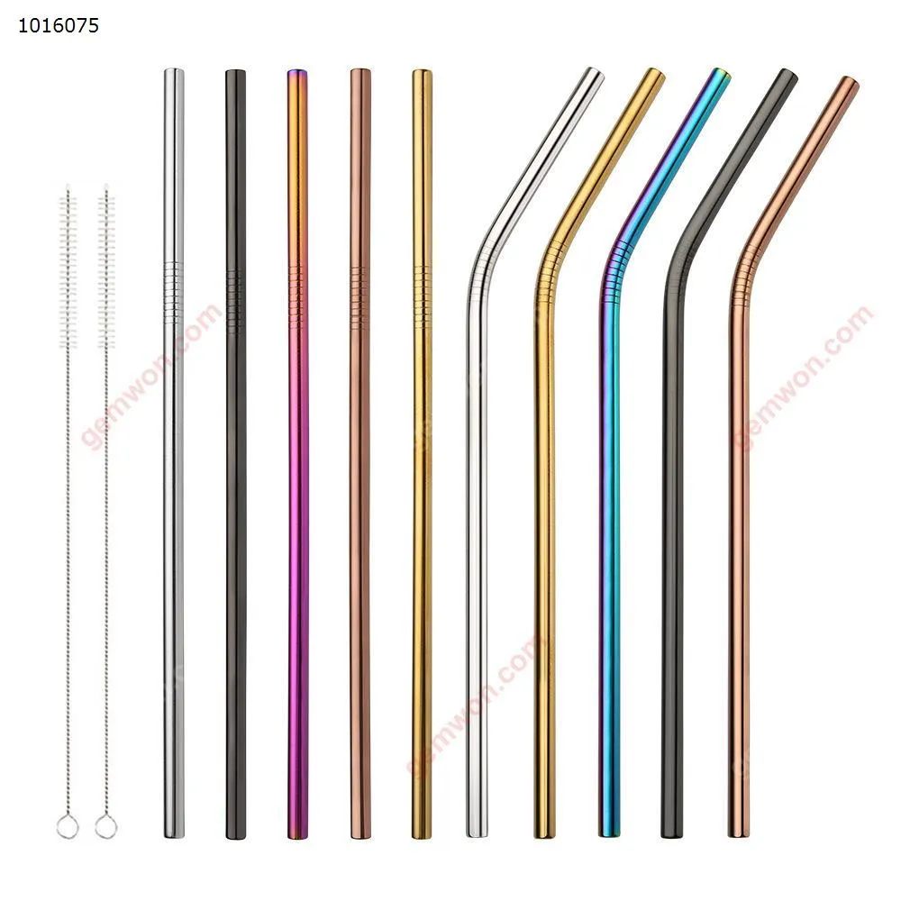 Picture of 266mm * 6mm (10.5in) 5 straight 5 curved stainless steel colored straws , brushes, bags