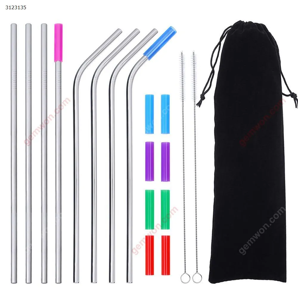 Picture of 8 pieces stainless steel straw metal straw 20 oz 30 oz, Mason jar 8 piece silicone tip and 2 pack cleaning brush
