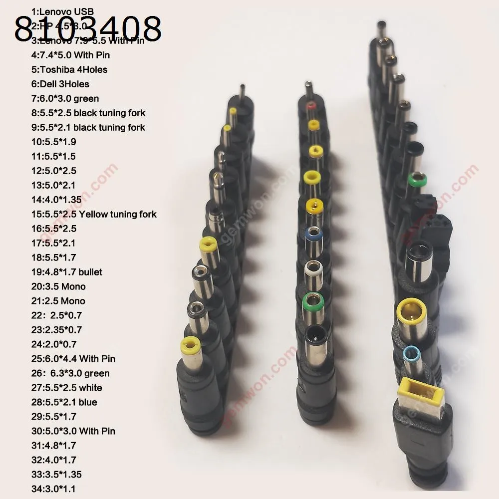 Picture of 34 in 3 Suitable for HP 4.5*3.0  、Lenovo 7.9*5.5  、 7.4*5.0 、 6.0*3.0 green、5.5*2.5 black 、 5.5*2.1 black 、5.5 *1.9、 5.5*1.5、5.0*2.5、5.0*2.1、 4.0*1.35 ...