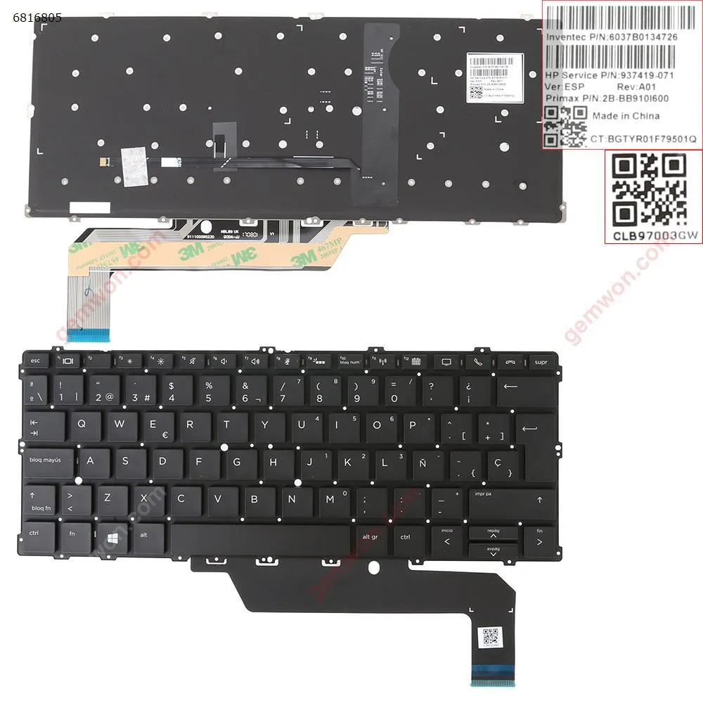 Picture of Laptop Spanish keyboard for HP EliteBook 1030 G2 x360 BLACK （With Backlit Board，Win8）Version 2	