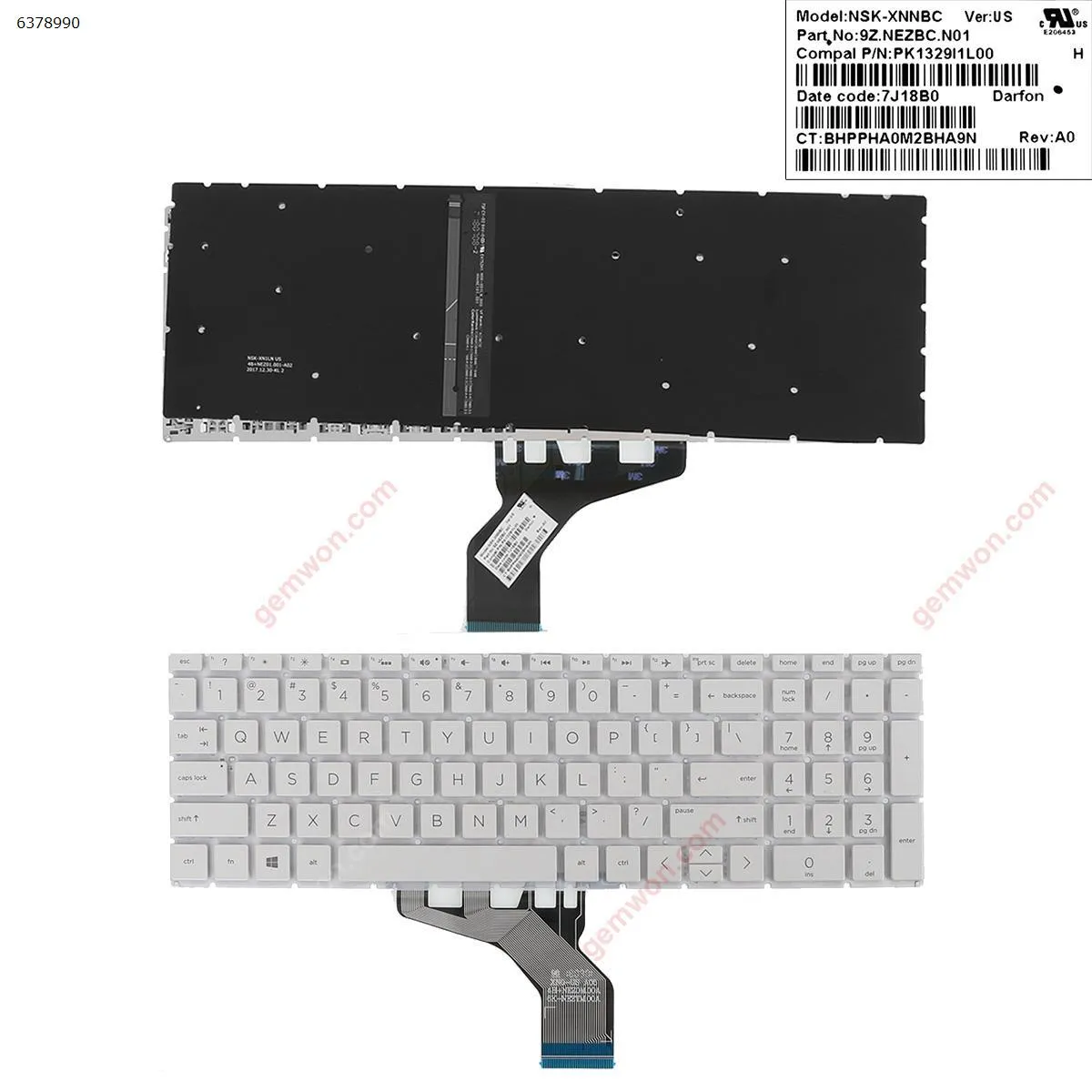 Picture of Laptop US keyboard for HP Pavilion 15-DA 250 255 G7 Gen7 WHITE ( backlit ，Small Enter WIN8)  