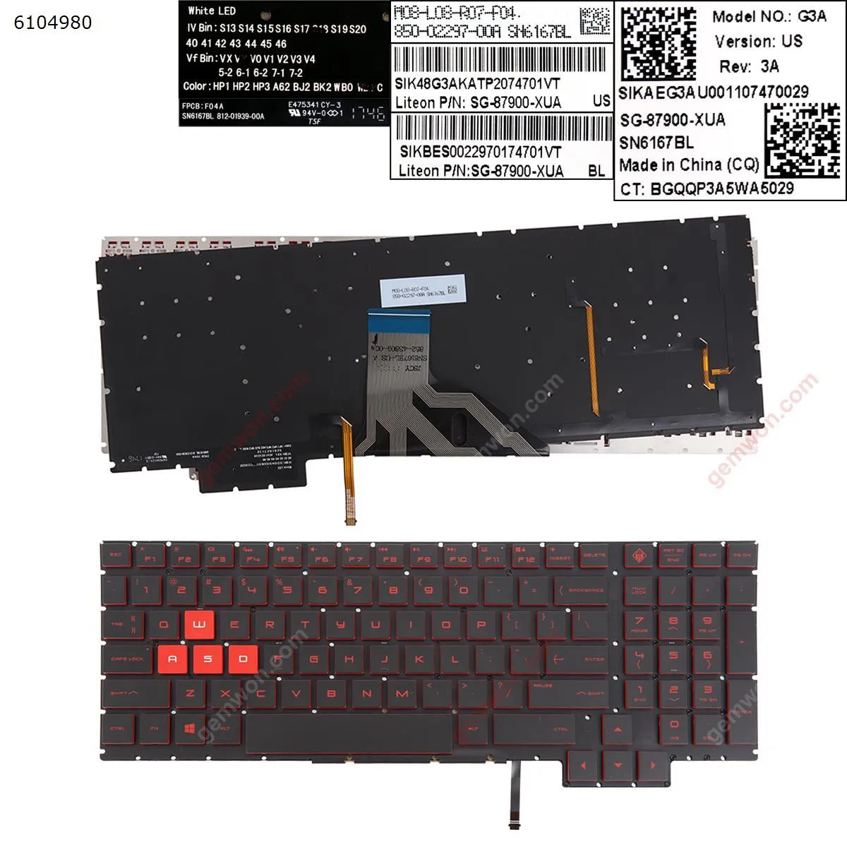 Picture of Laptop US keyboard for HP Omen 15-ce 15-ce000 15-ce020ca 15-CE010CA 15-CE0US BLACK (Backlit,Without FRAME,Red Printing,Win8)