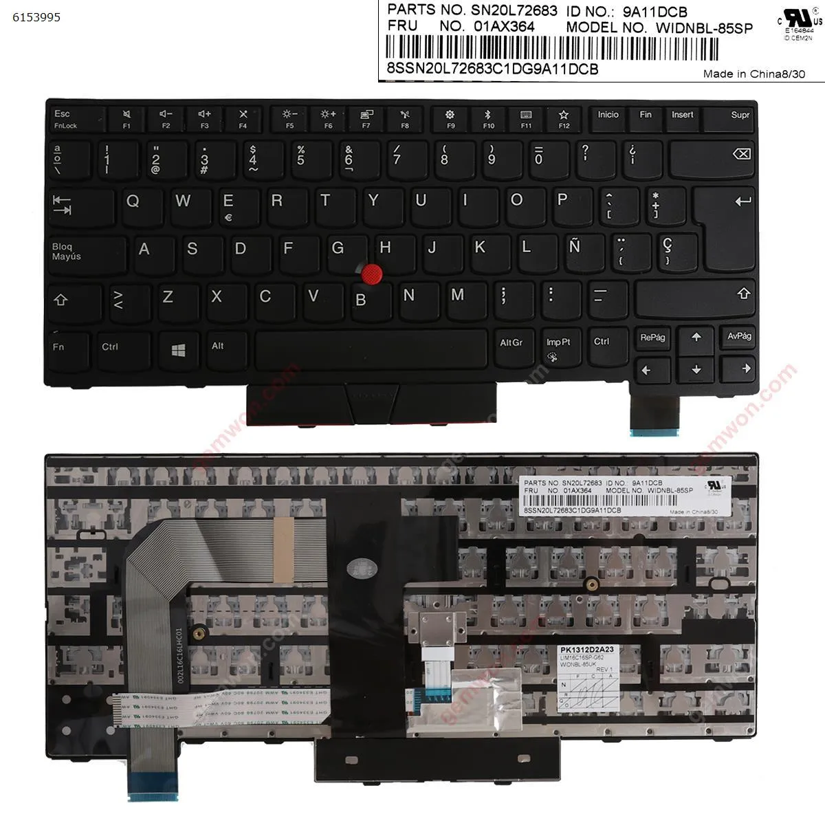 Picture of Laptop Spanish keyboard for ThinkPad T470 BLACK FRAME BLACK (For Win8)