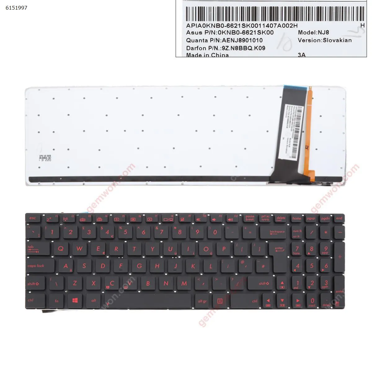 Picture of ASUS N56 N550 N56V U500VZ N76 N76VM N76VJ BLACK( Backlit,RED Printing Win8) OEM
