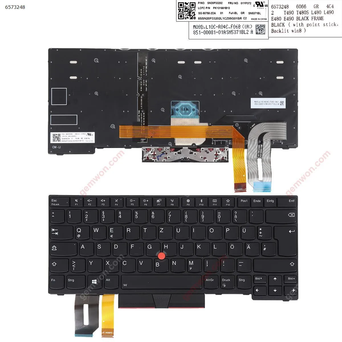 Picture of New Replacement Laptop Keyboard For LENOVO T490  BLACK FRAME BLACK  ( with point stick，Backlit win8 ) GR Layout