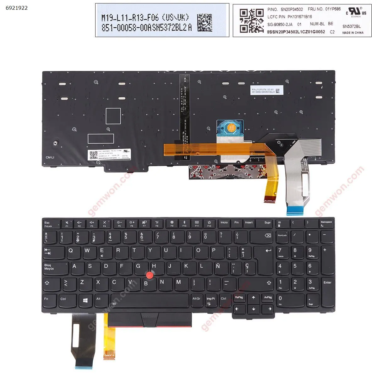 Picture of IBM Thinkpad E580 E585 E590 L580 L590 T590 BLACK FRAME BLACK (Backlit with point stick ,For Win8) OEM