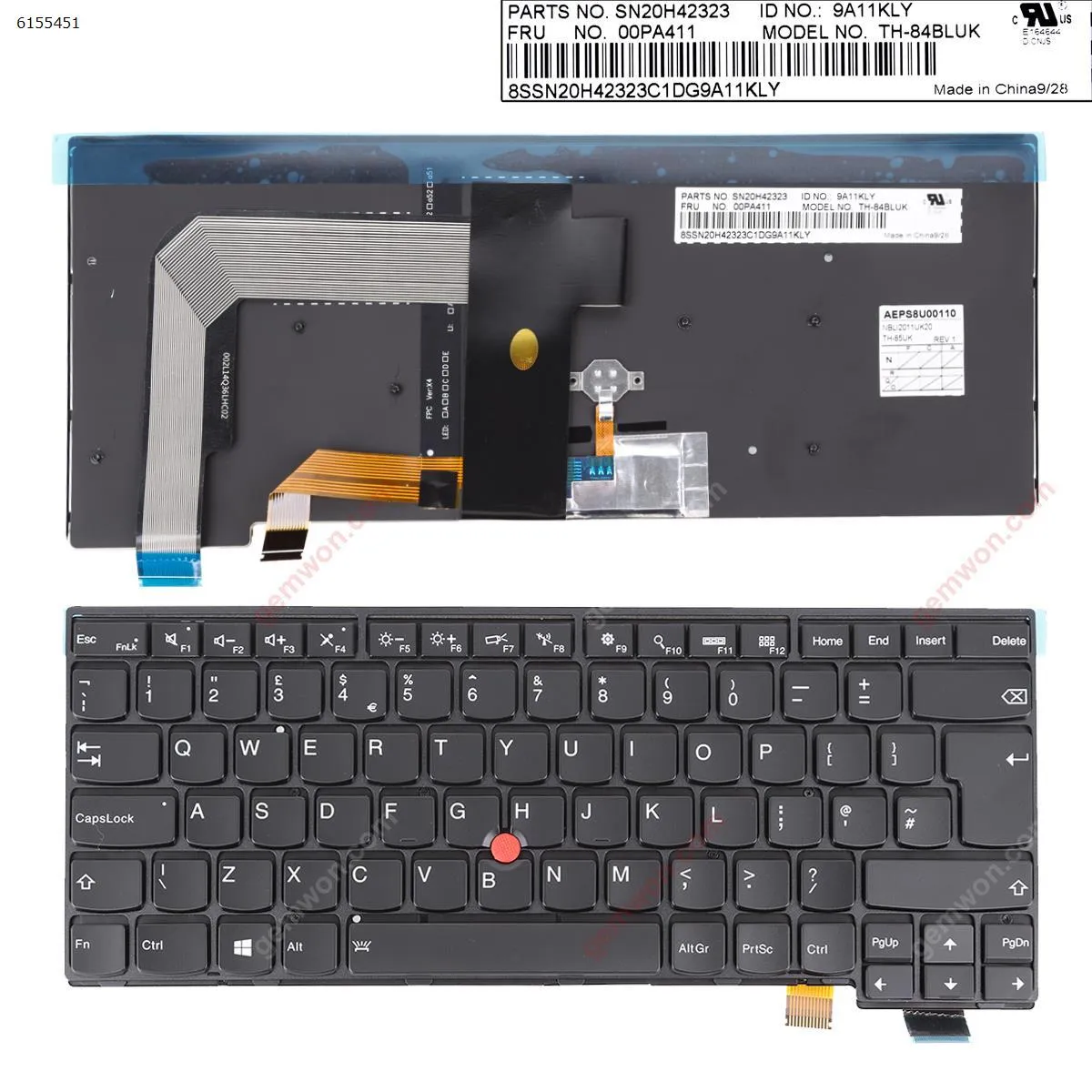 Picture of IBM ThinkPad T460S T470 BLACK FRAME BLACK ( Backlit,with point stick ,For Win8) OEM