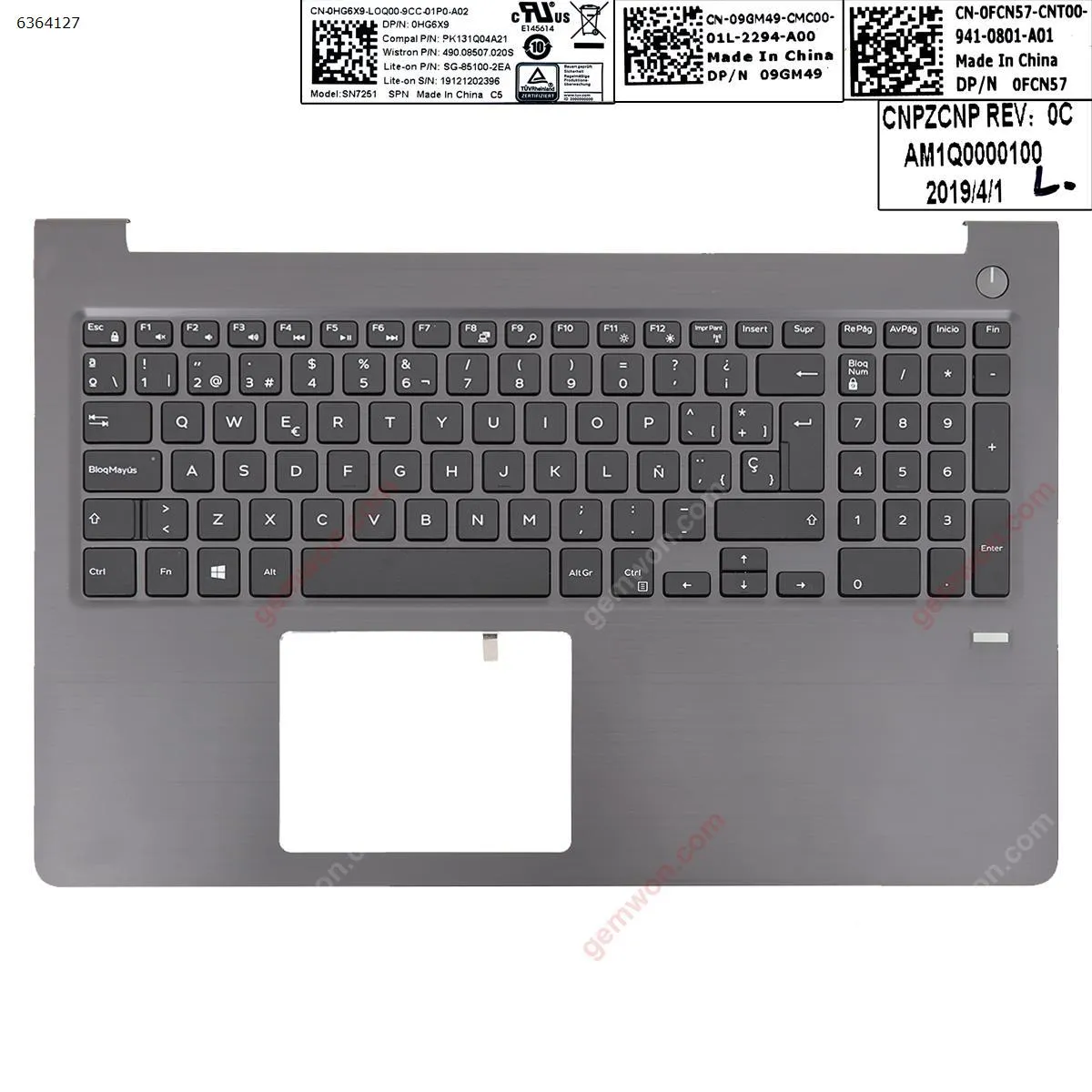 Picture of Genuine Dell Vostro 15 5568  SP Keyboard Palmrest Plastics P9XFM Without Fingerprints