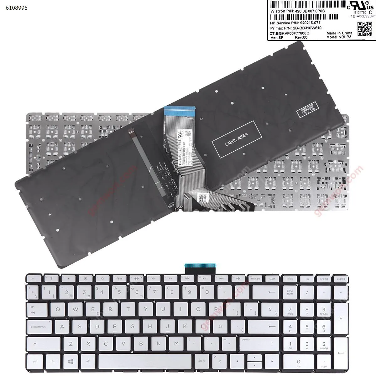 Picture of Laptop Spanish keyboard forHP Pavilion 15-BS Silver  （Backlit,Without FRAME,Small Enter,WIN8）