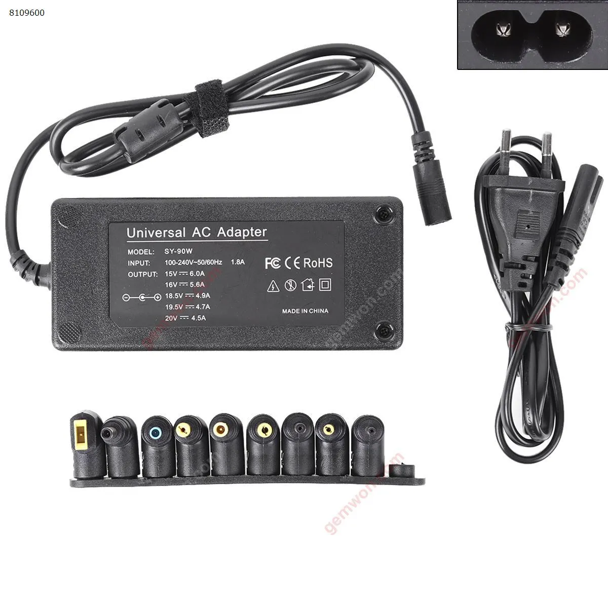 Picture of AC Operating voltage: 100V-240V ~ 50/60Hz PLUG： EU Power input: 90W max Output voltages: 15-22 Volt DC Output current: 4,74A max.Standard 9 DC head,USB 20V 40W,4.0*1.7mm 19V,4.0*1.35mm 19V,2.5*0.7mm 19V,Dell 4.5*3.0mm black tip 19.5V,HP 4.5*3.0mm blue tip,5.5*1.7mm 19.0V,5.5*3.0mm 19.0V,5.5*2.5mm 19.0V.