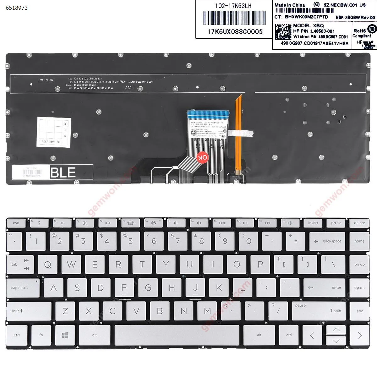 Picture of Laptop US keyboard for HP Pavilion 13-an0000 13-an0000ns SILVER (Backlit , Without Frame ,Win 8 )