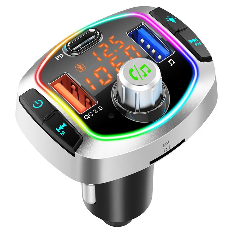 Picture of Car mp3 Car Bluetooth receiver FM transmitter 7 color atmosphere light Dual screen dual display PD+QC3.0