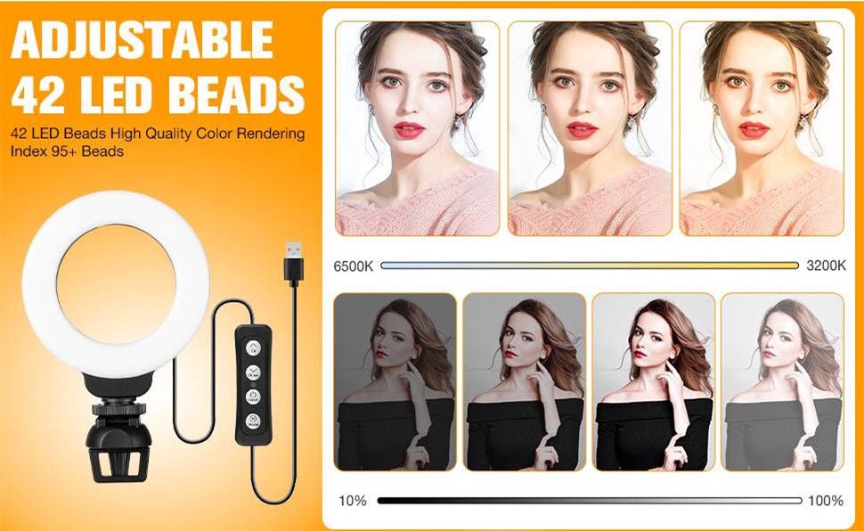 AIXPI 4 Inch Clip Laptop Ring Light Selfie with Tripod AIXPI 4 Inch Clip Laptop Ring Light Selfie with Tripod