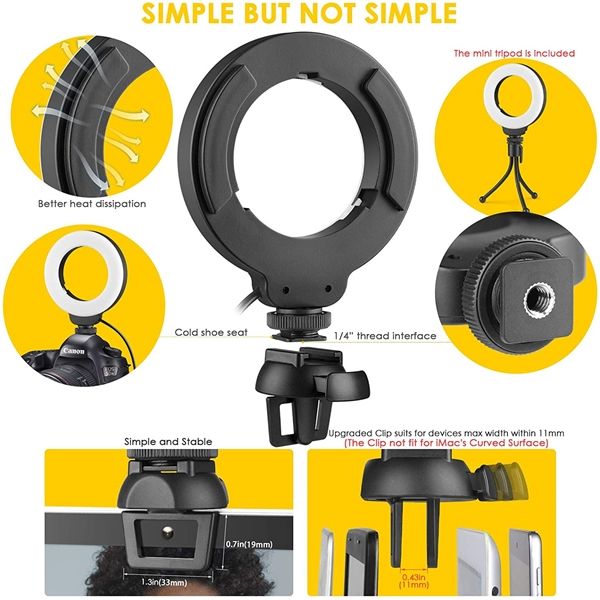 AIXPI Dimmable 4 inch Laptop Ring Light with 11mm Clip for Video Conferencing, Remote work, Zoom meetings AIXPI Dimmable 4 inch Laptop Ring Light with 11mm Clip for Video Conferencing, Remote work, Zoom meetings