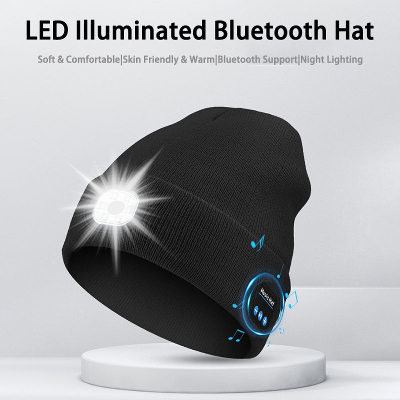 Wireless Bluetooth music knitted hat Outdoor led lighting luminous hat Bluetooth 5.0 three-speed light USB charging removable and washable view 2