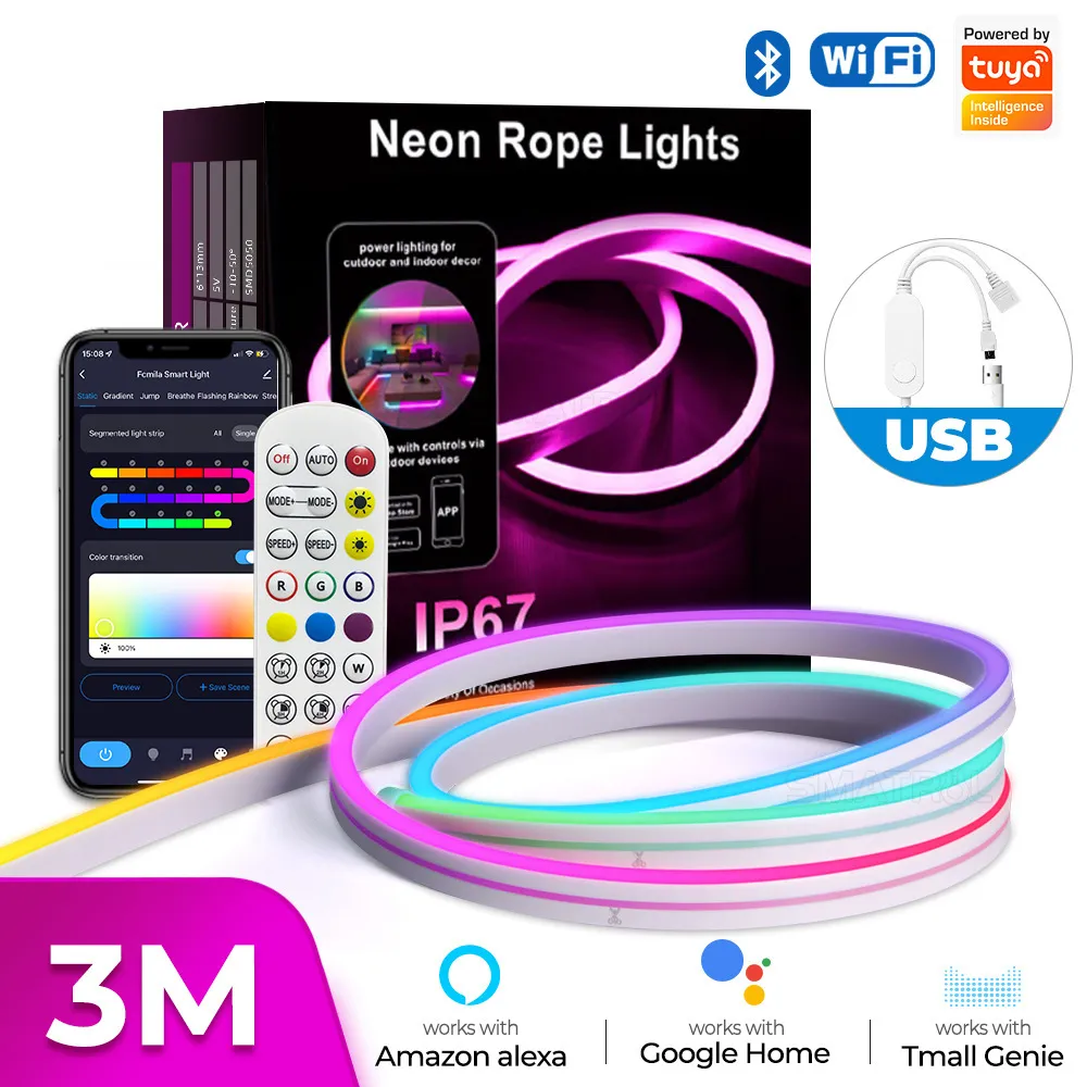 Picture of tuya WIFI smart silicone LED neon lights with Bluetooth music remote control APP voice timing running lights with 3M