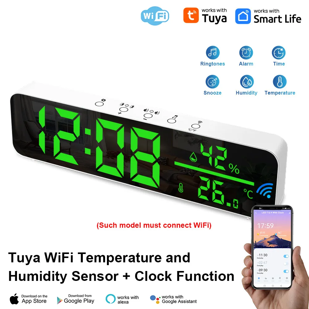 Picture of tuya app Temperature and humidity multi-function alarm clock Creative LED clock wifi thermometer Smart home temperature and humidity smart home control system