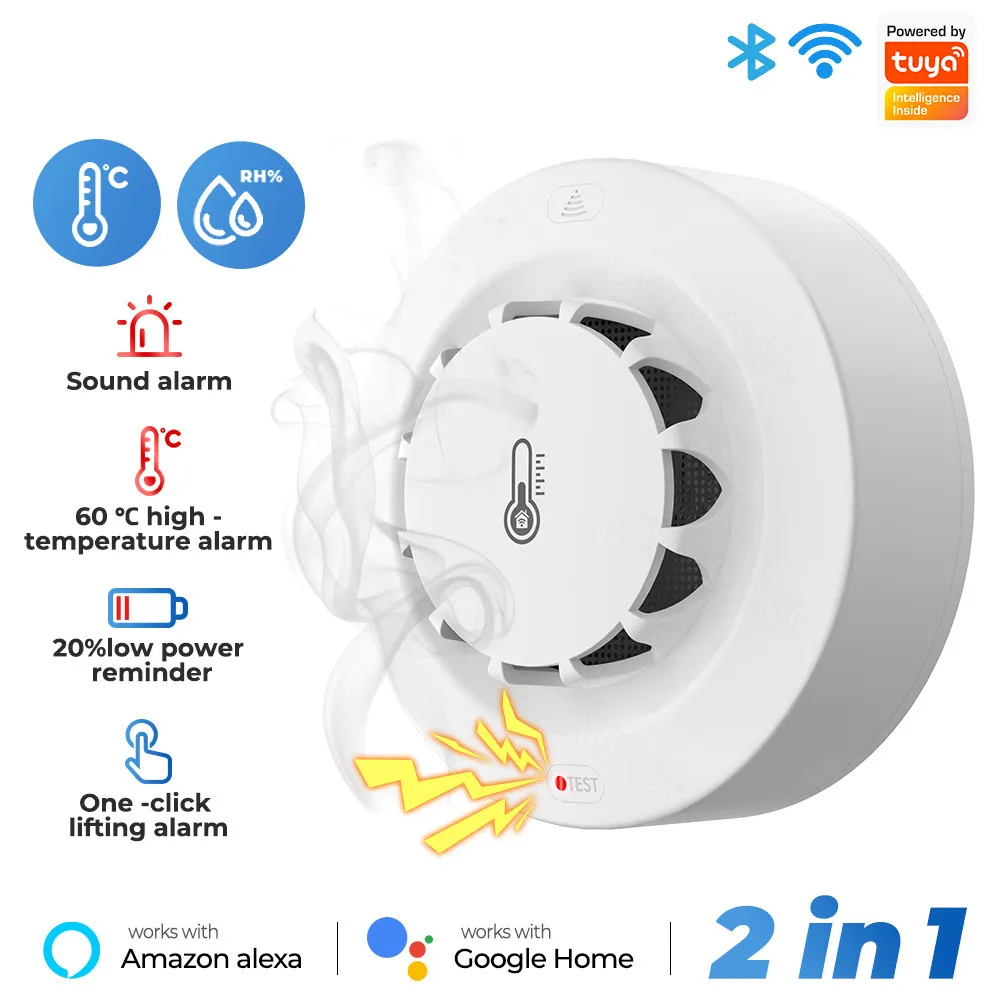 Picture of Tuya Temperature and Humidity Smoke alarm Graffiti Smoke sensor WiFi Smart smoke temperature and humidity detector Sound alarm High temperature alarm fire alarm One button lift alarm low power reminder