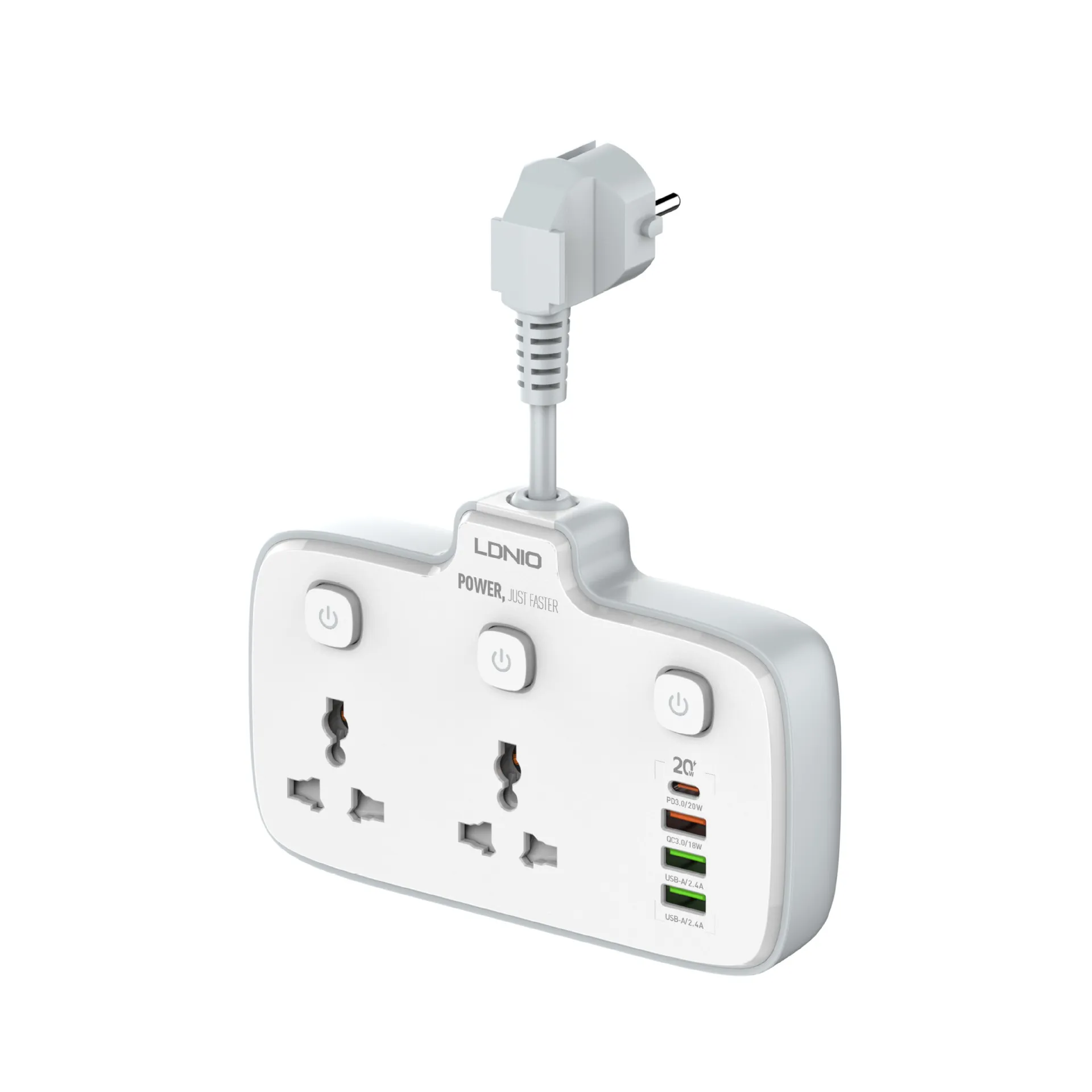 Picture of Multi-functional fast charging universal socket AC100-250 2500W 0.2m short cable board TYPE-C PD3.0/20W USB-A/QC3.0/18W USB-A/2.4A European regulations