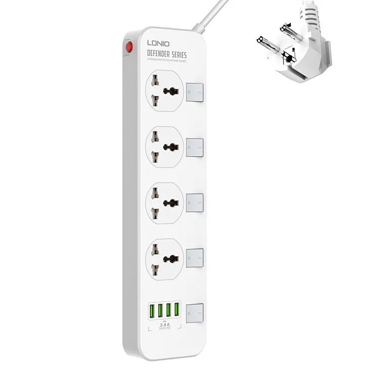 Picture of Independent switch universal strip USB power strip European standard American standard Expansion socket patch board Overload protection 2500W 5V/3.4A 4*USB-A 2 meter cable European standard