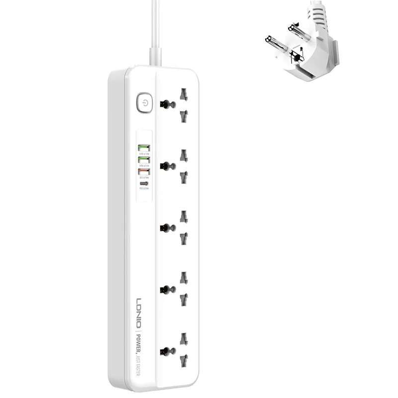 Picture of 5-bit international universal jack 4* USB Fast charging strip Universal universal jack EUR-American EUR-British EUR-board Cable tray with 2 m long cable 1*TYPE-C PD3.0/20W 1*USB-A/QC3.0/18W 2*USB-A EUR-standard