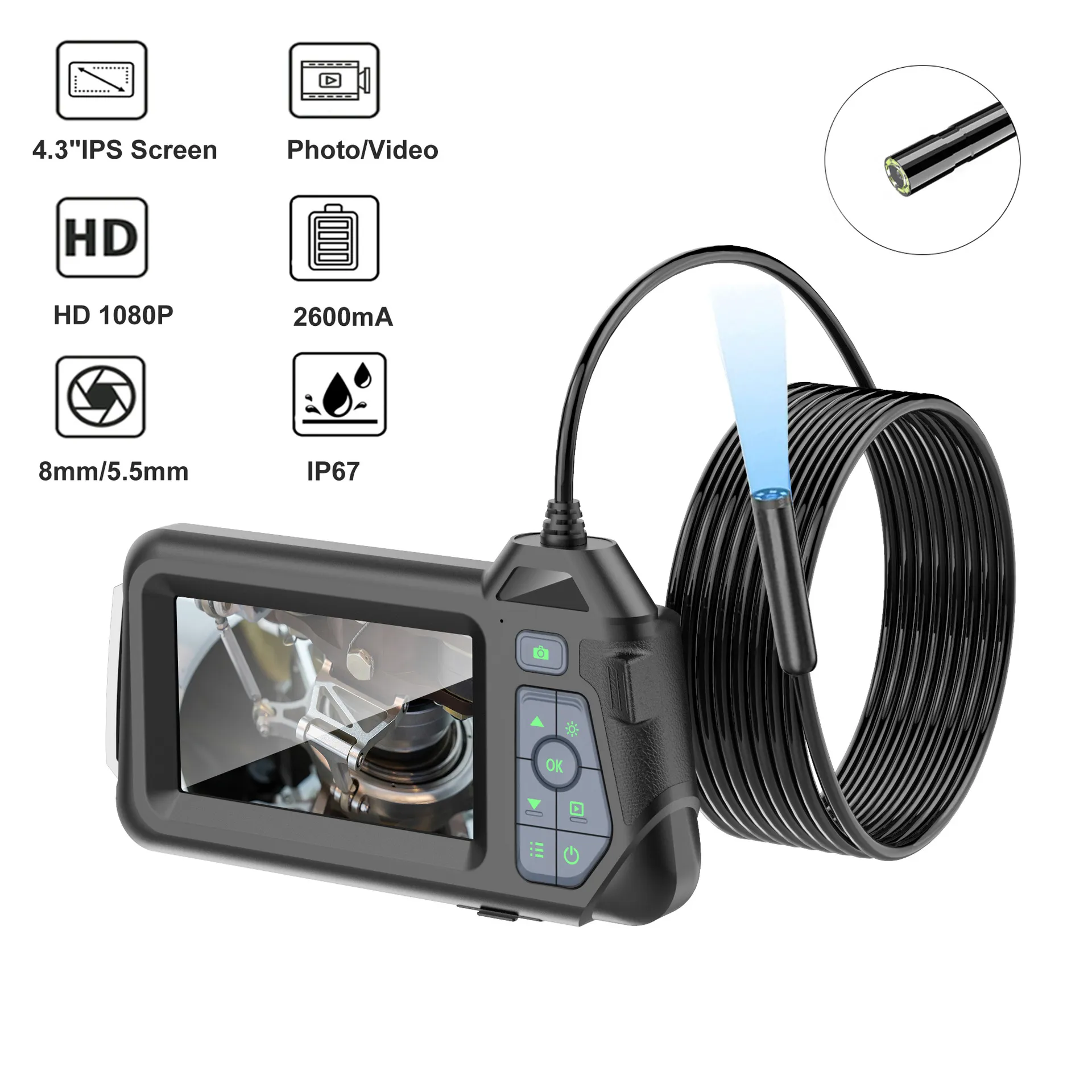 Picture of 4.3-inch screen 8mm single lens Endoscope Handheld portable industrial endoscope tube camera can take pictures and video TF card storage 5 meters long suitable for home appliance repair pipe maintenance car repair