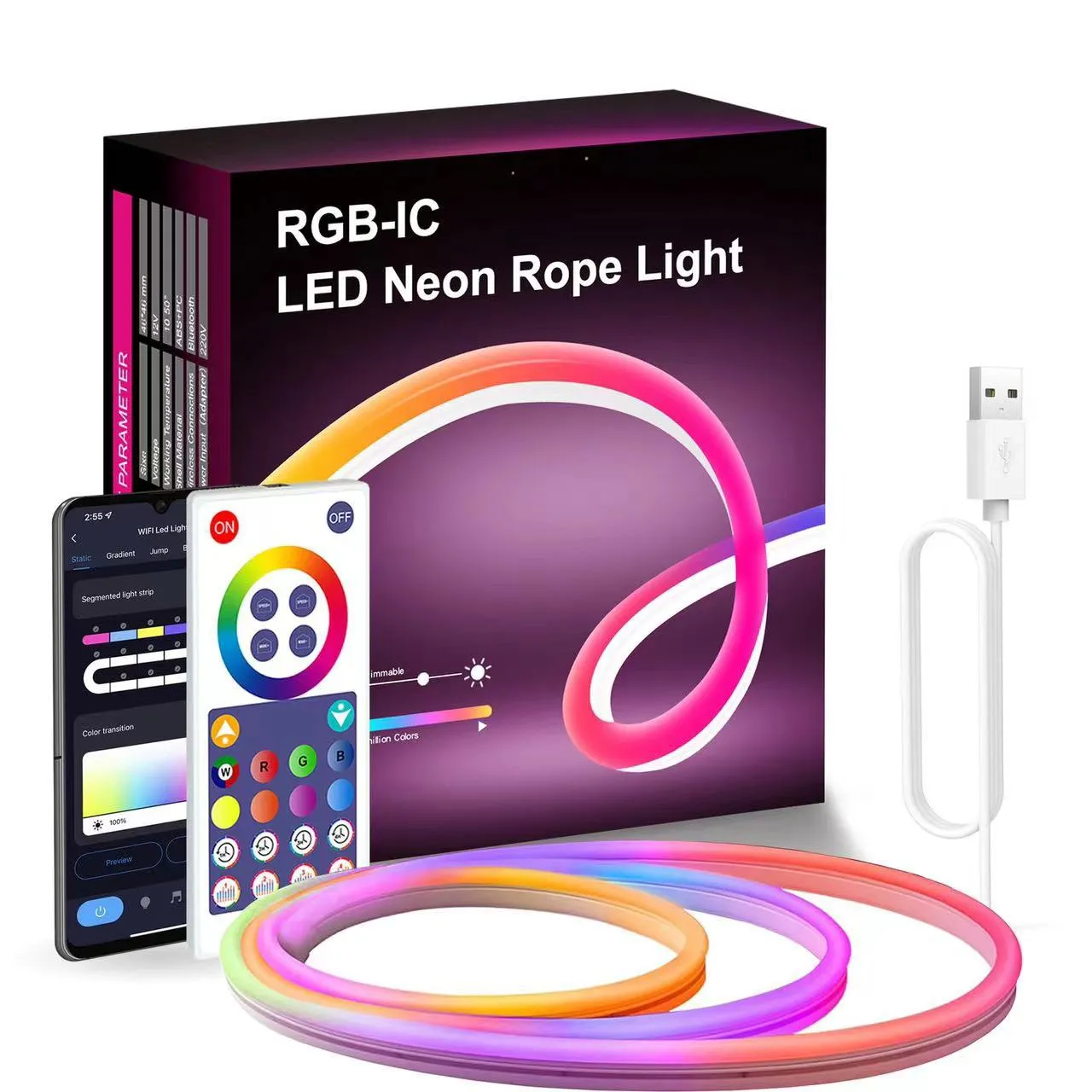 Picture of tuya Smart wifi light with RGBIC tree light rope light IP68 USB Music DIY decorative smart neon strip 5 meters 60 beads/meter