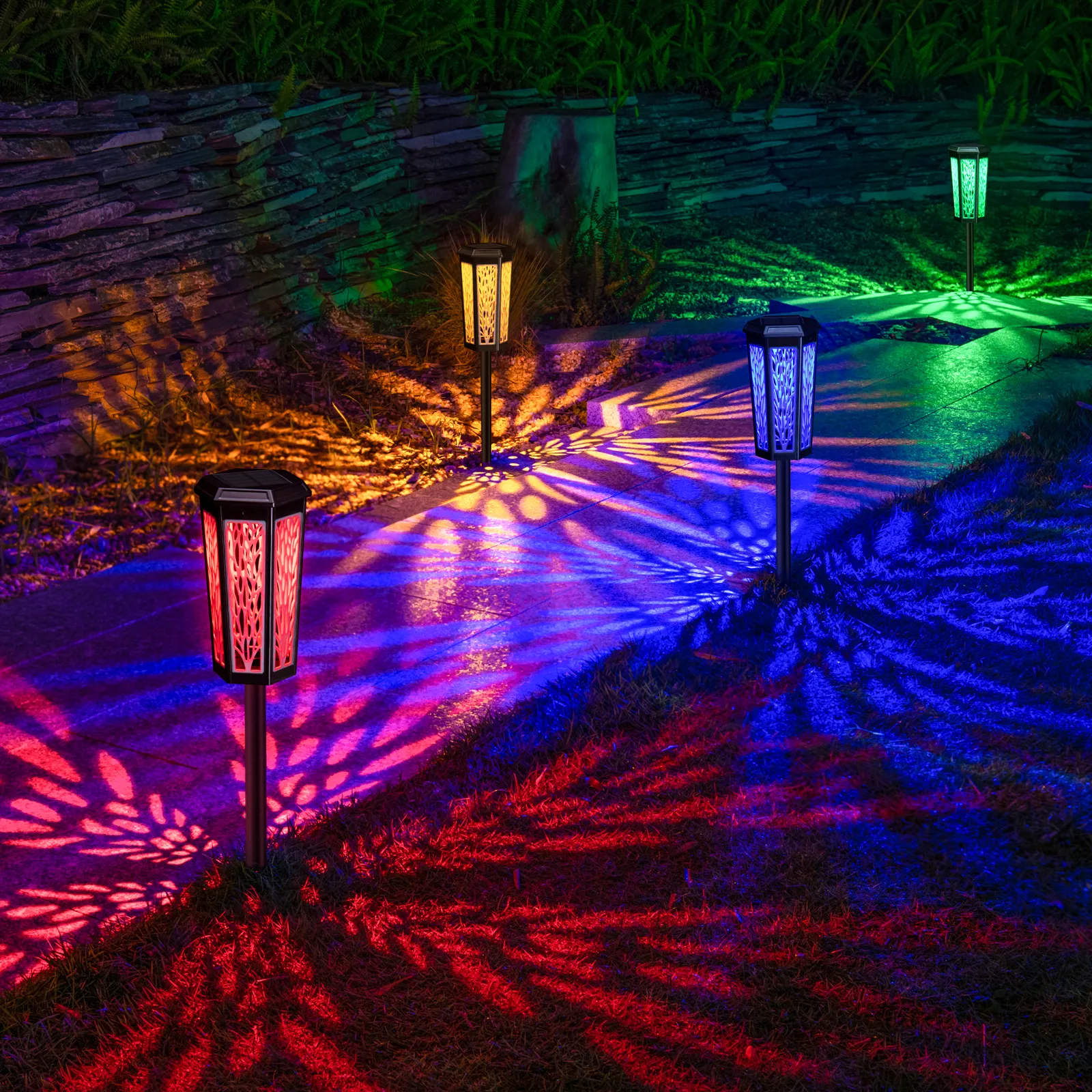 Picture of Solar charging hexagonal LED light lawn light Home outdoor villa Park landscape outdoor grass decorative garden light leaf smart light control ABS+PC battery life 8-10 hours One button switch warm light +RGB color gradual change