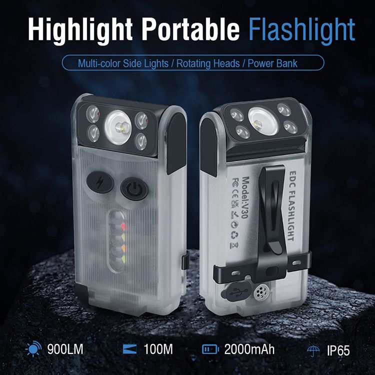 Power bank LED flashlight 180 degrees adjustable working light buzzer sound and light anti-wolf flashlight multi-functional portable light UV lamp type-c charging