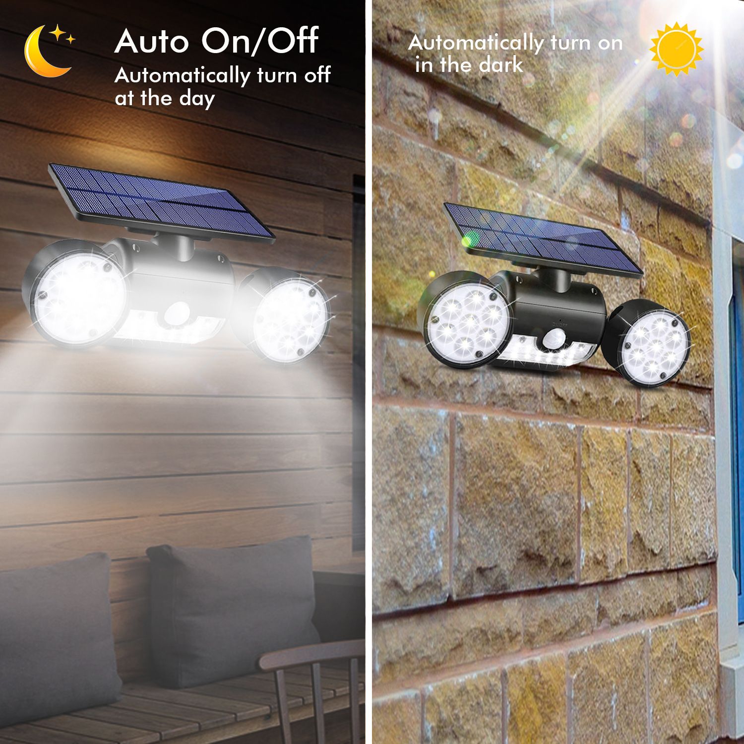 Outdoor solar wall lamp, 30LED circular three-head spotlight, waterproof sensor light, garden landscape lighting lamp, human body sensor light