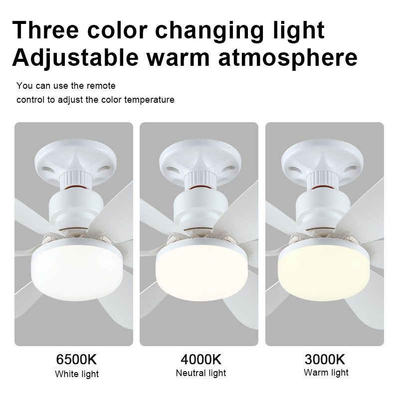 40W E27 screw-type fan light, bedroom and living room ceiling fan, large wind silent ceiling fan light, smart timing, six-blade fan light, three wind speed Settings, stepless dimming + with remote control, 52CM white blades + milky white cover + with lamp base view 2