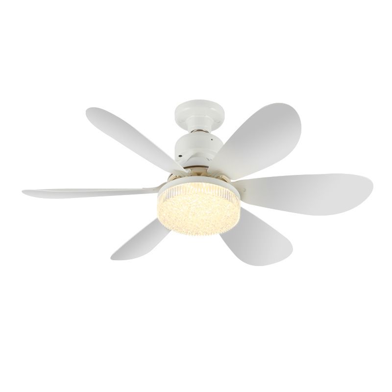 40W E27 screw-type fan lamp, bedroom and living room ceiling fan, large wind silent ceiling fan lamp, smart timing, six-blade fan lamp, three wind speed Settings, stepless dimming + with remote control, 52CM white blades + crystal cover + lamp base