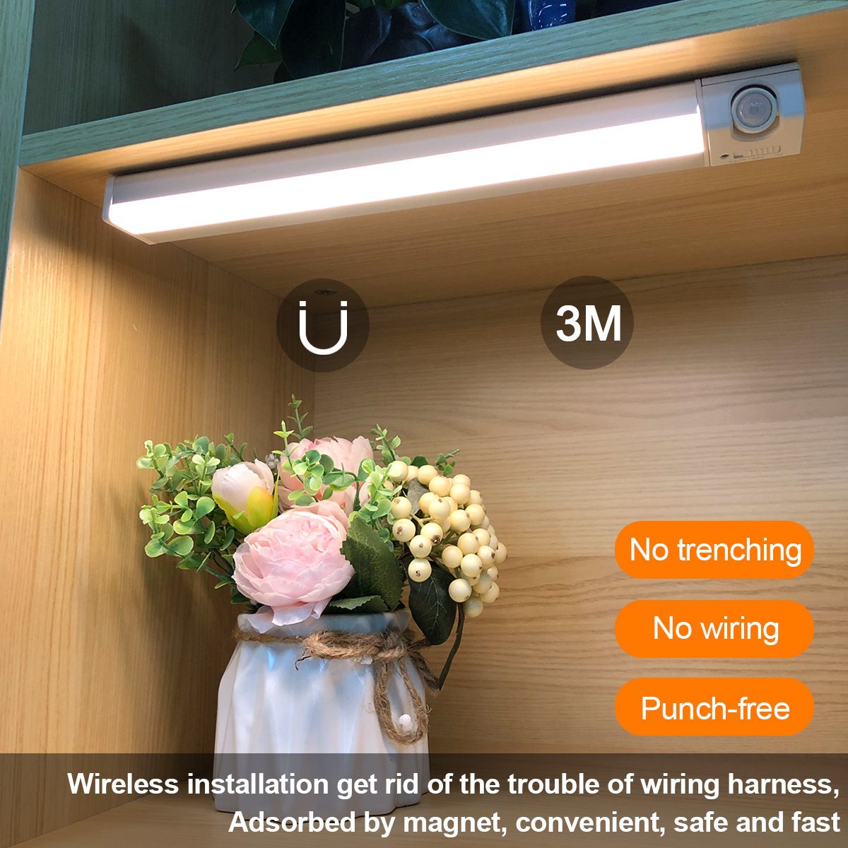 Intelligent human body induction magnetic cabinet light, no wiring required, long battery life charging, three-color light wardrobe, kitchen wine cabinet, display cabinet, 5V1A charging