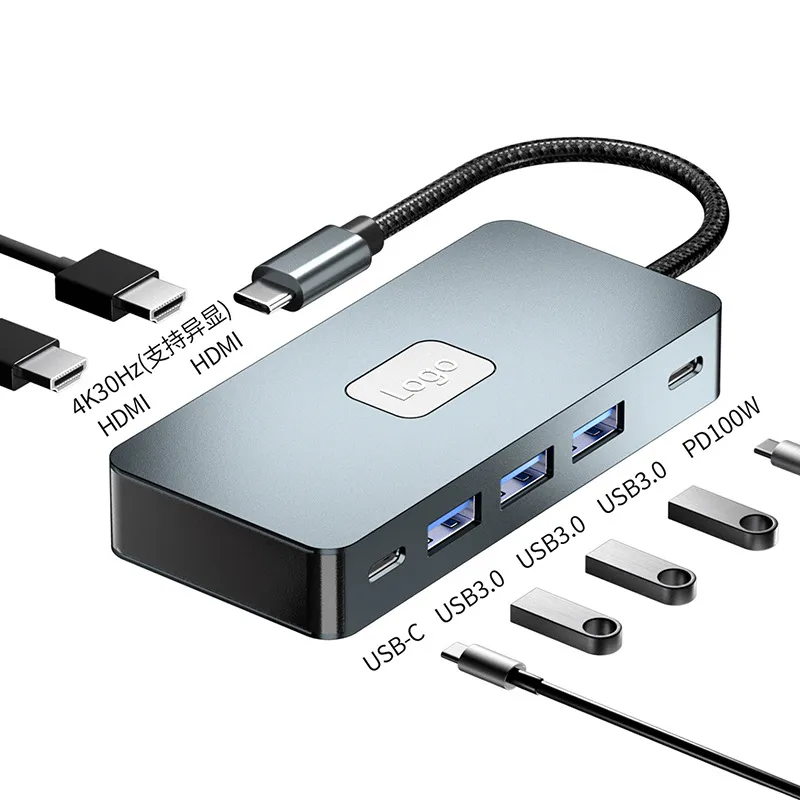 Picture of The 7-in-1 docking station is suitable for Apple laptops. Two HDMI type-c docking stations: 2*HDTV 4K30Hz(supporting different display), 3*USB3.0, USB-C data transfer, PD100W
