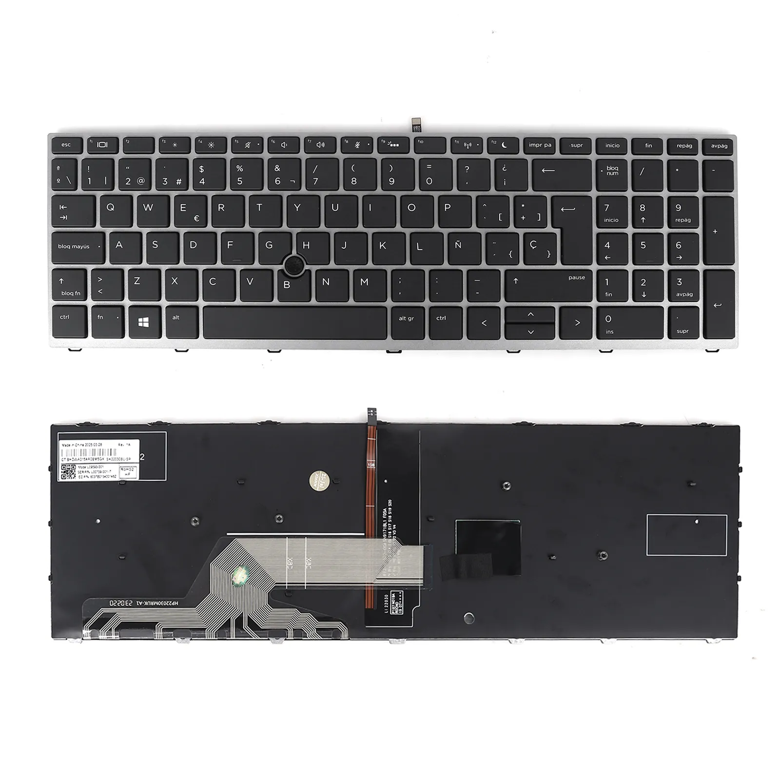 Picture of Laptop Spanish keyboard forHP 650G5  650G4  pointing, backlight, silver frame with black keys