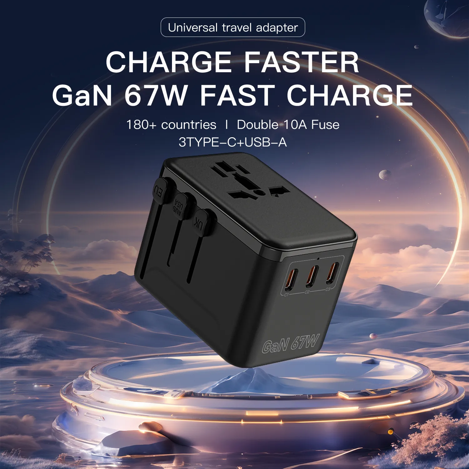 Picture of Gallium Nitride Fast Charge 67W PD+QC3.0 Travel Charging Plug Conversion Plug Multi functional Socket 2500W High Power 180+National Available 2X10A Fuse 3TYPE-C+USB-A