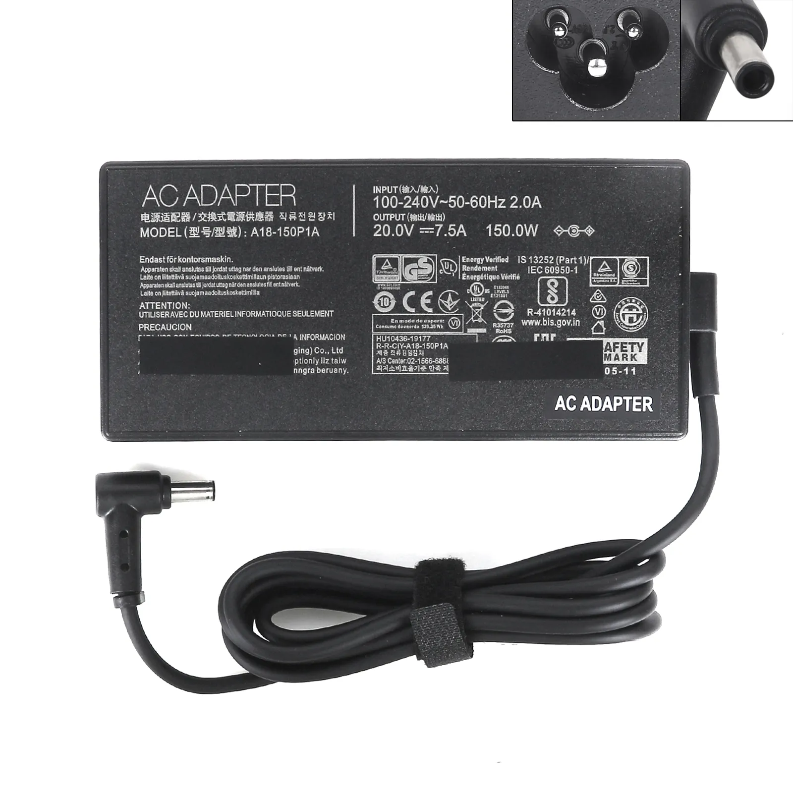 Picture of Original Laptop AC power adapter forASUS 20V 7.5A 150W Φ6.0*3.7MM（Quality：A+）