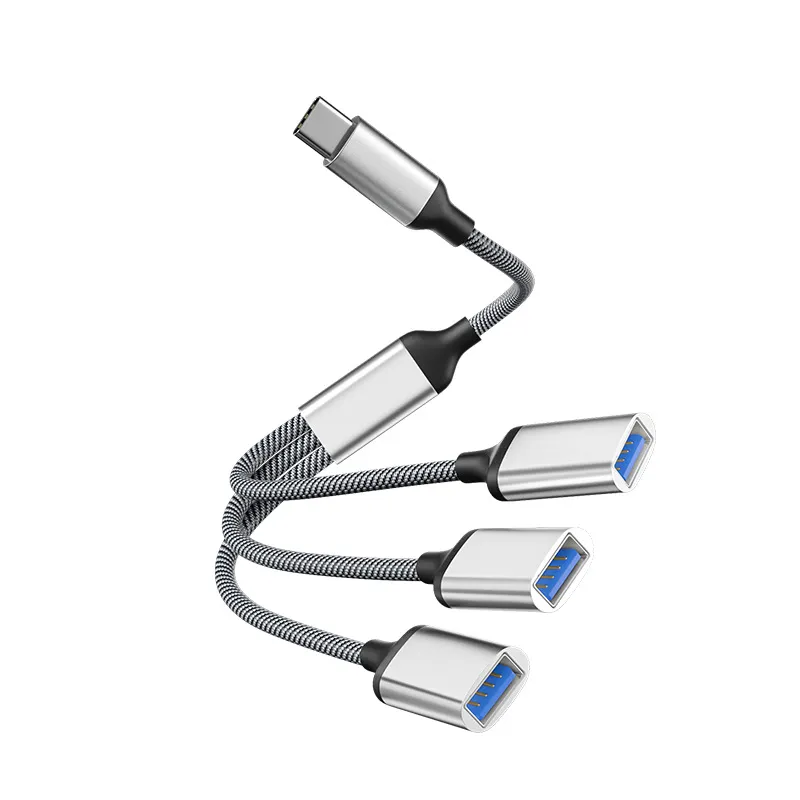 Picture of Intelligent multi port extender splitter, charging multi port OTG converter, mobile phone computer hub, type-c to USB * 3 adapter cable, silver USB 2.0 * 3 transmission speed 480 Mbps, charging 5V/2A MAX, length 0.35 meters