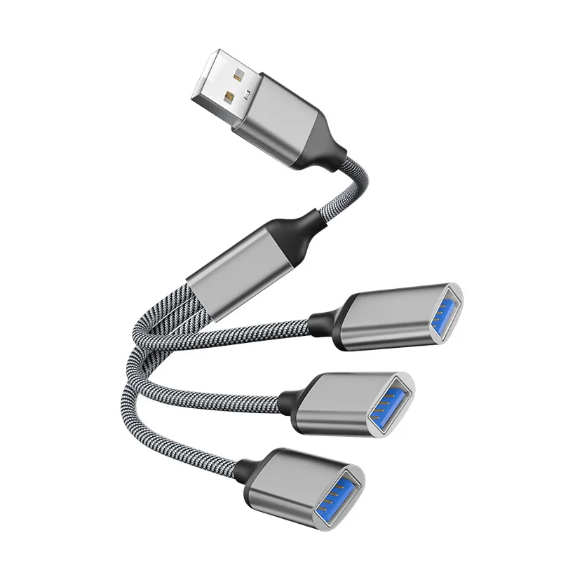 Picture of Intelligent multi port extender splitter, charging multi port OTG converter, mobile phone computer hub, USB to USB * 3 adapter cable, gray color USB 2.0 * 3 transmission speed 480 Mbps charging 5V/2A MAX length 0.35 meters