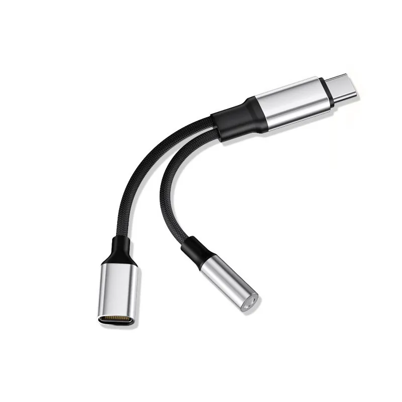 Picture of Type-C audio cable for listening to music and charging 2-in-1 supports simultaneous use of headphone adapter converter Type-C listening to music+charging 2-in-1 adapter cable silver