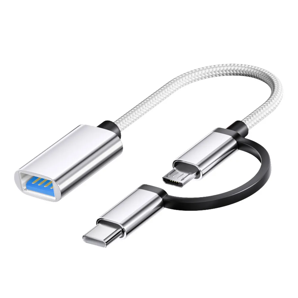 Picture of USB adapter 2-in-1 adapter cable for mobile phones, tablets, external USB drives, portable hard drives, OTG adapter for Android+type-c OTG nylon adapter cable silver