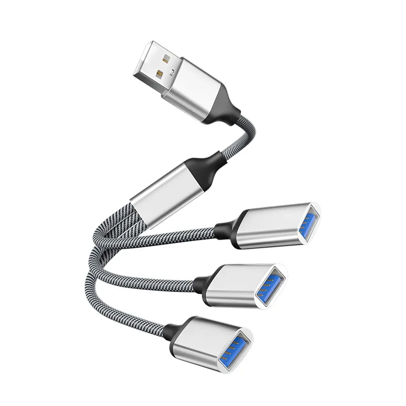 Picture of Intelligent multi port extender splitter, charging multi port OTG converter, mobile phone computer hub, USB to USB * 3 adapter cable, silver USB 2.0 * 3 transmission speed 480 Mbps charging 5V/2A MAX length 0.35 meters