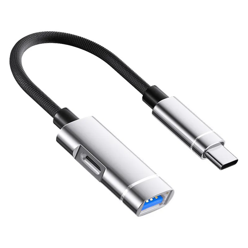 Picture of OTG multifunctional adapter cable type-c to USB2.0 PD charging converter, phone mouse USB flash drive card reader TYPE-C charging+OTG 2-in-1 adapter cable, silver