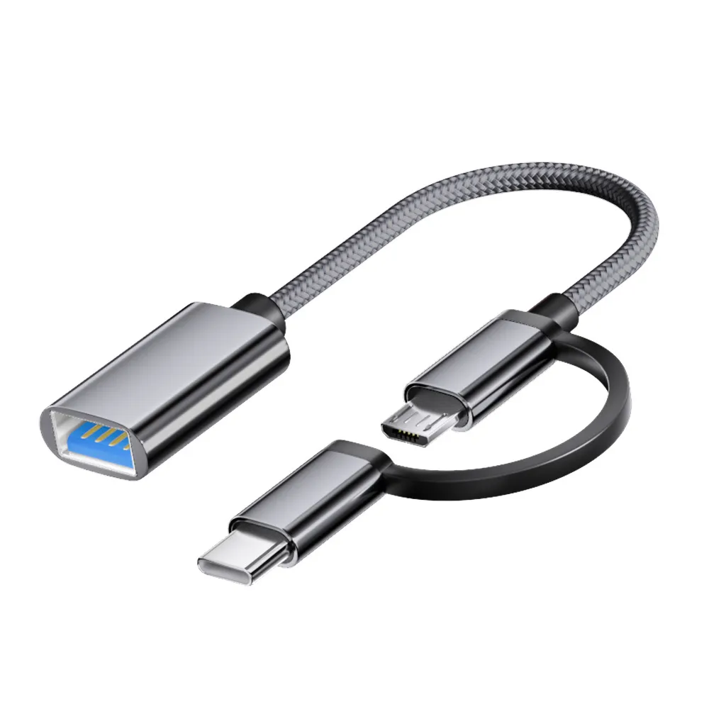 Picture of USB adapter 2-in-1 adapter cable for mobile phones, tablets, external USB drives, portable hard drives, OTG adapter for Android+type-c OTG nylon adapter cable, gray color