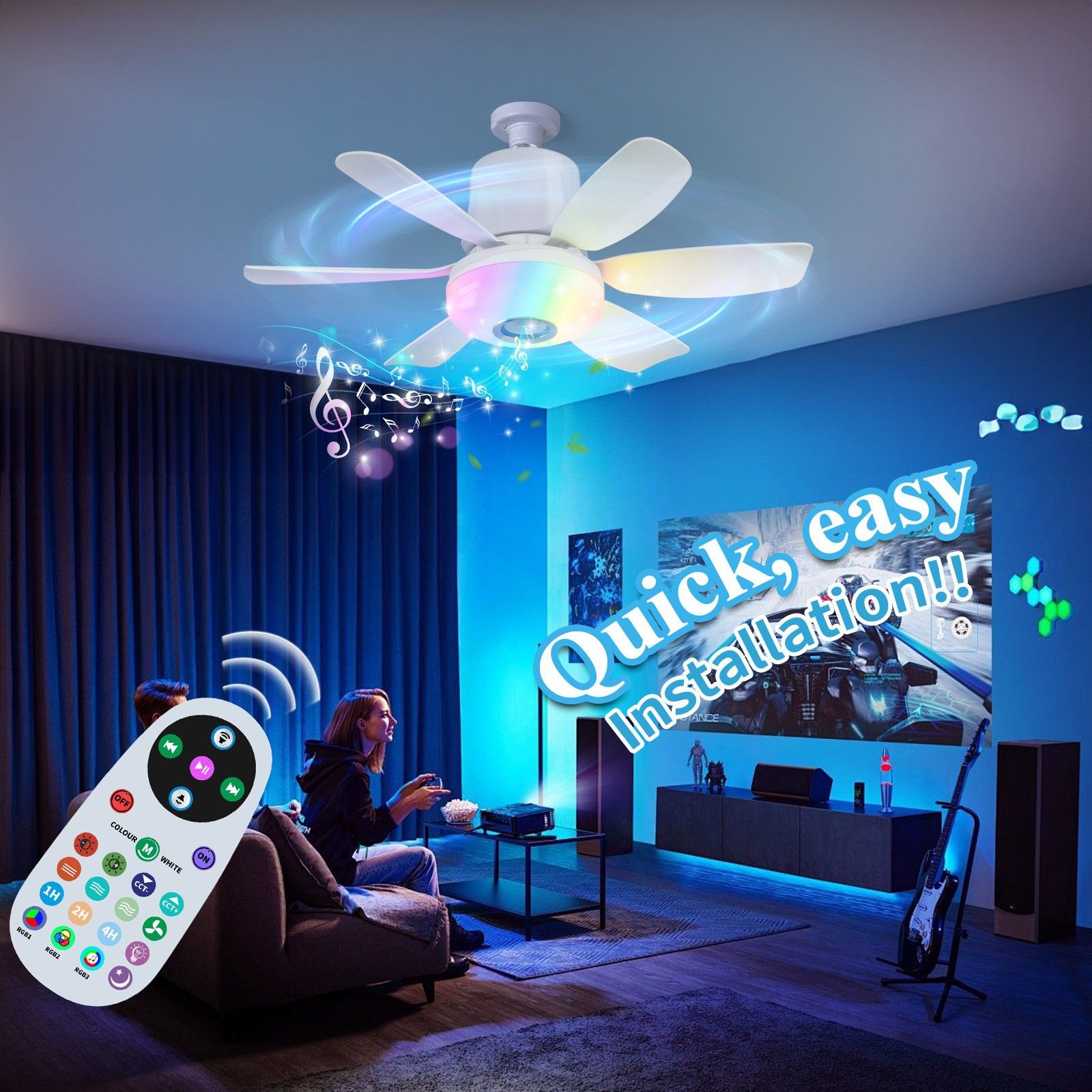 LED fan light, bedroom and dining room ceiling fan light, simple and modern fan lighting fixtures, RGB colorful Bluetooth speaker, three-level adjustment and timing function