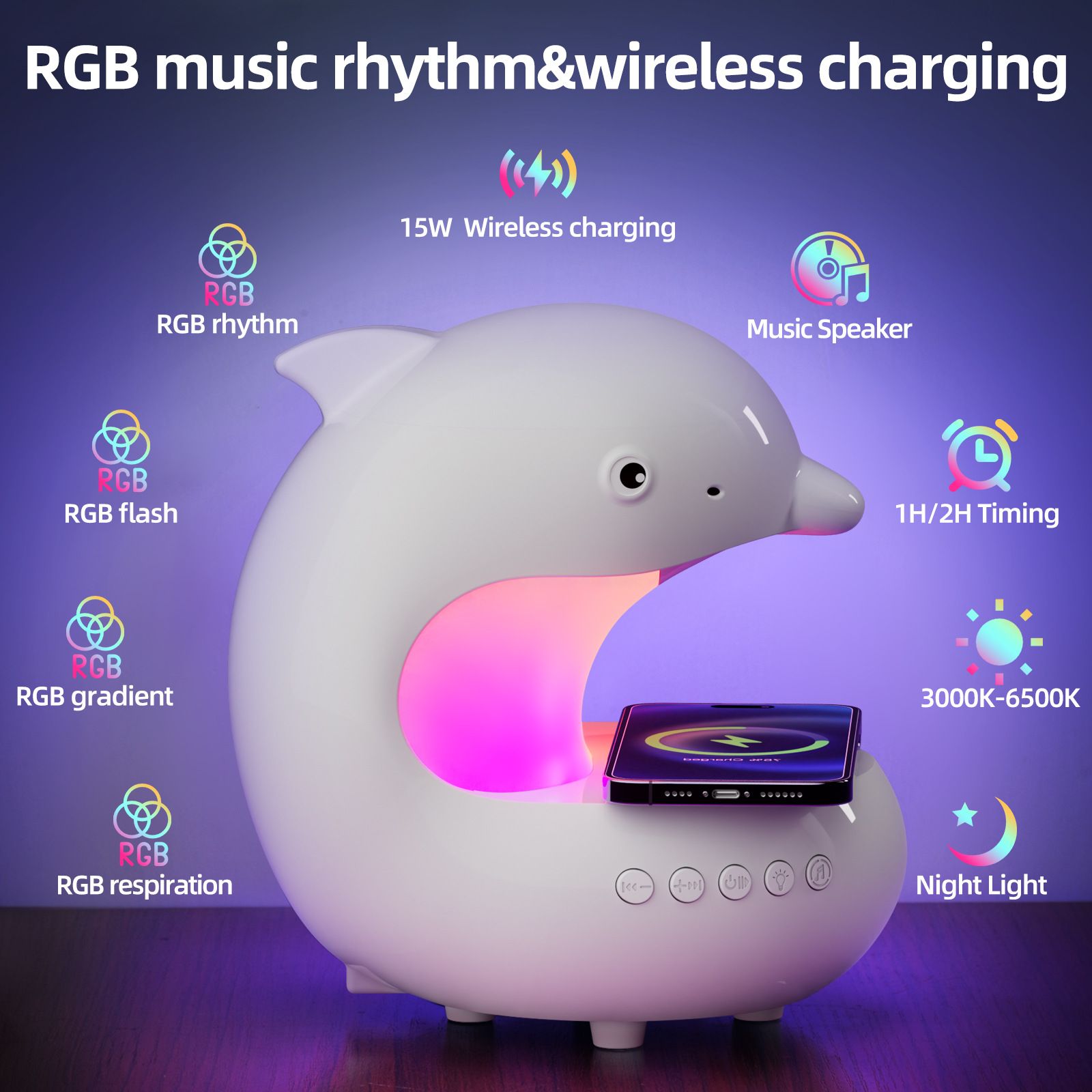 Mobile wireless charging night light bedroom bedside table lamp RGB Bluetooth ambient light dolphin battery charging model view 2