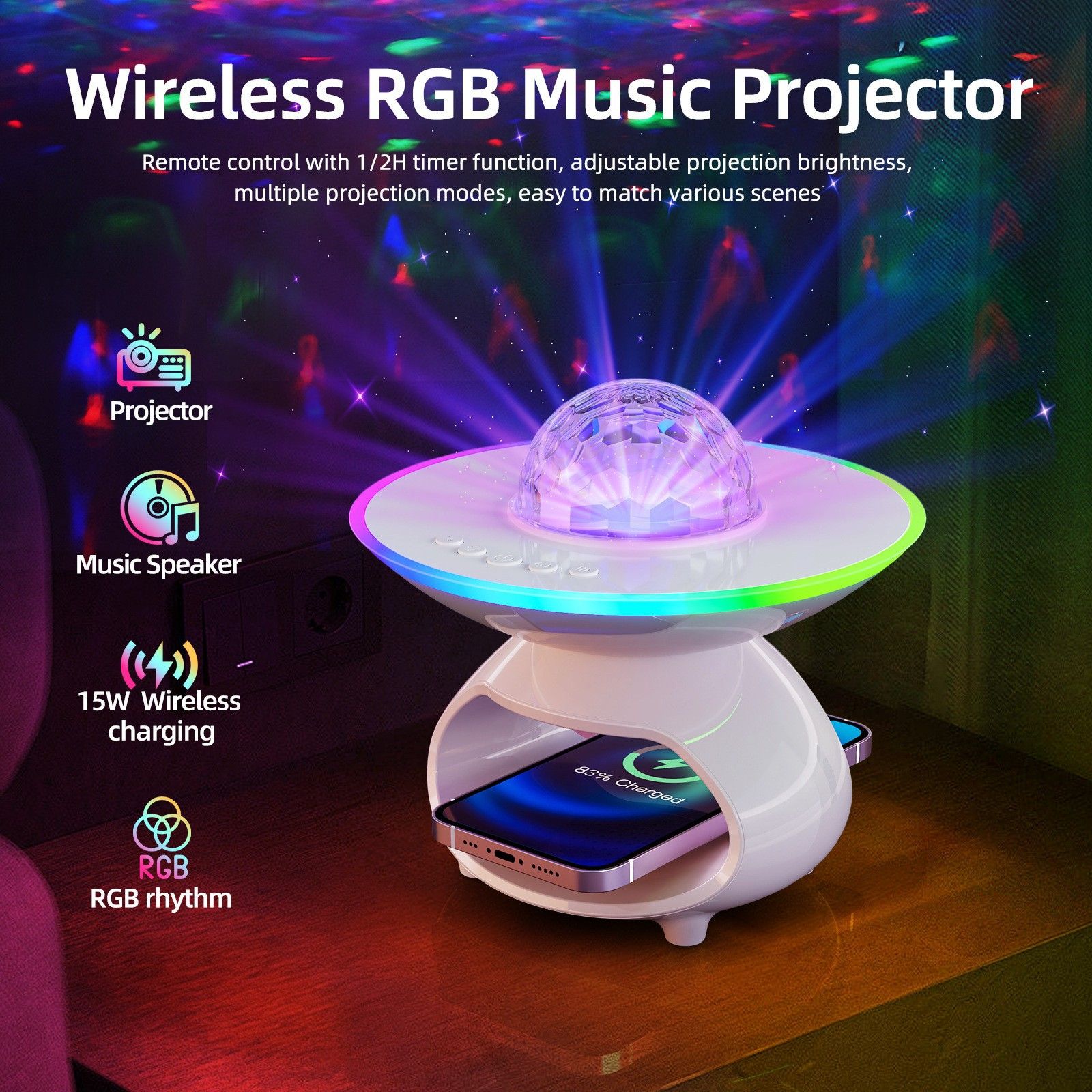 Creative Mobile Wireless Charging Internet Celebrity Nightlight Bedroom Desktop Desk Lamp Dormitory Bed Projection Lamp USB Powered Version