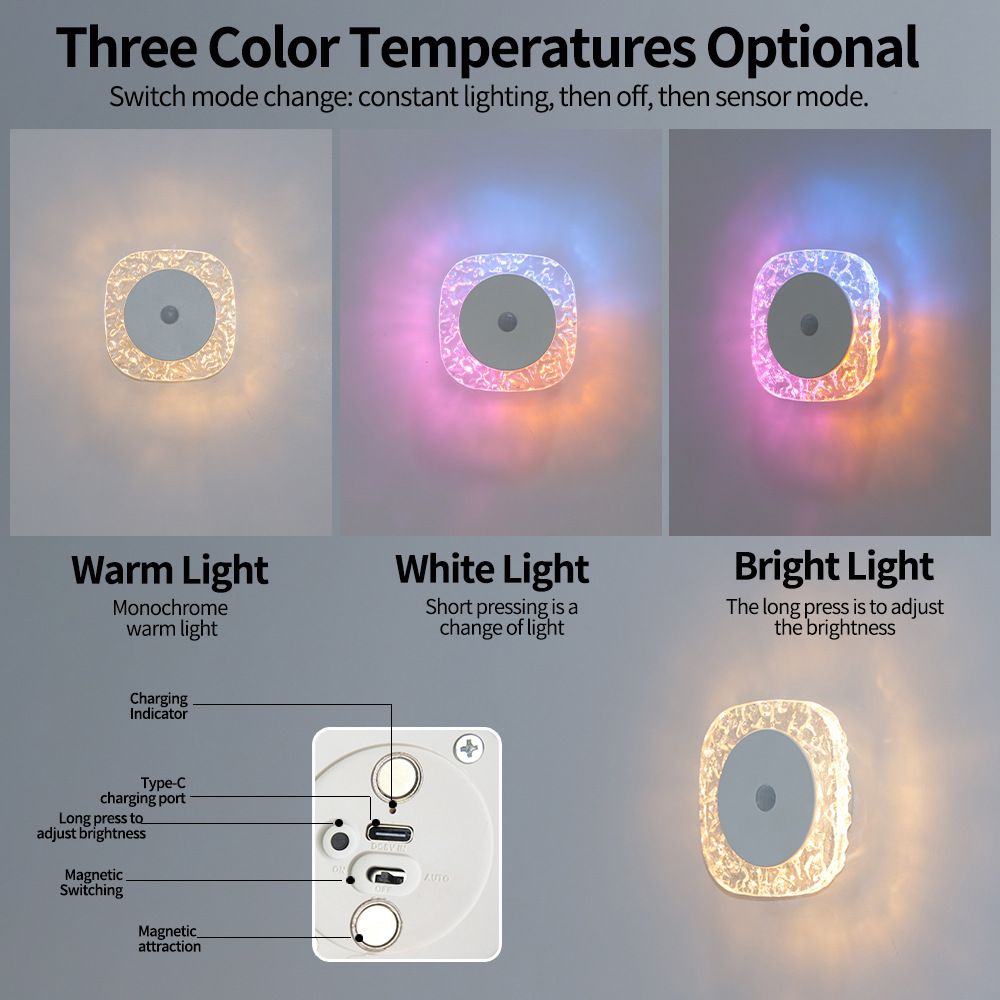 2 PCS Matte crystal round sky square wall lamp, small night light, human body induction, no wiring magnetic base view 2
