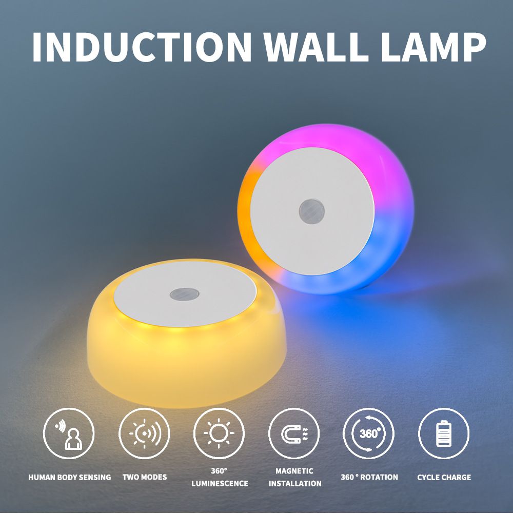 2 Pcs Circular wall lamp, small night light, human body induction, no wiring, magnetic base, special dimming